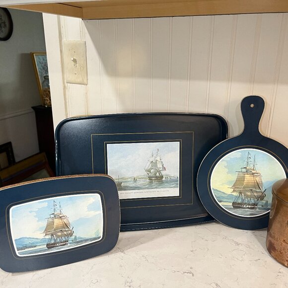 Vintage Clipper Ship Art Decor Serving Tray Cutting Board Pot Holder Clover Leaf - Picture 1 of 10